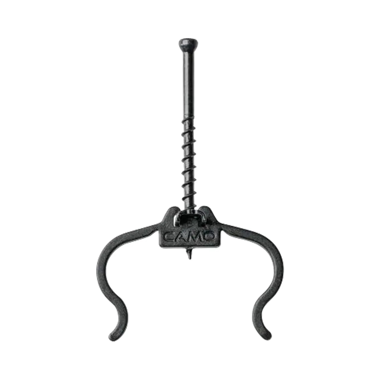 The Armor Guard Camo Fastener (90/Pack) by Go Build, The Fastest Way To Build, is a black metal tool with a central screw and two curved arms, designed to aid deck board installation with universal hidden fasteners.